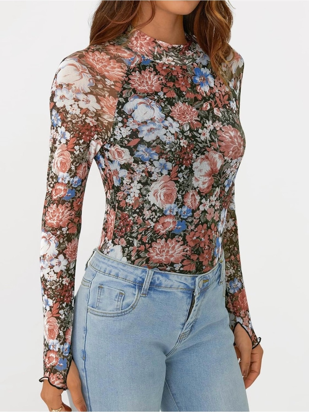 Amazon Floral Mesh Long-Sleeve Mock Neck Top - Pink/Blue Floral